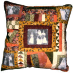 Wedding anniversary cushion commission, traditional hand-pieced patchwork and transferred photos