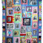 Memory quilt made from recycled fabrics and featuring transferred family photographs.