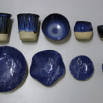 Blue-glazed; slip cast and push-moulded stoneware